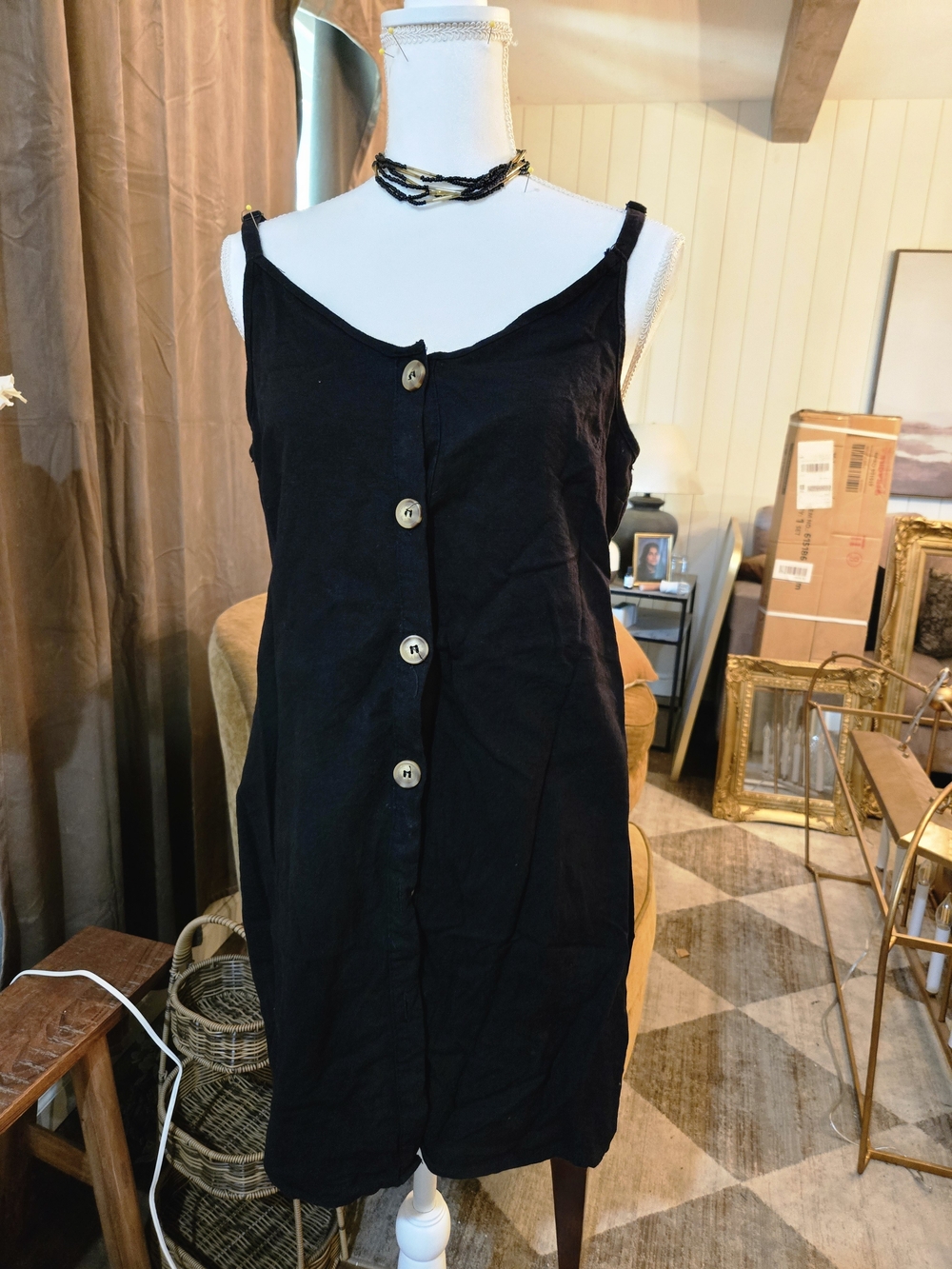 Cotton On Black Button-Front Spaghetti Strap Midi Dress